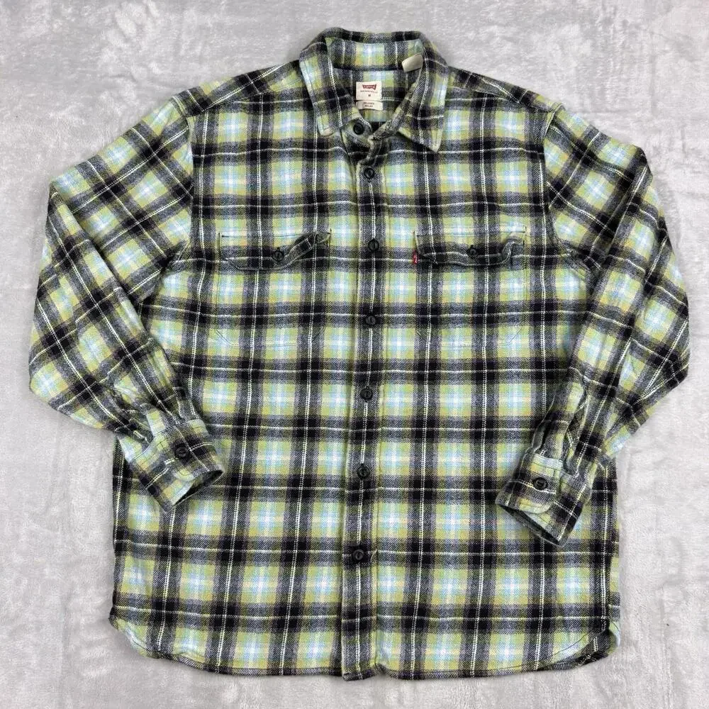 Levi’s Plaid Flannel Shirt Relaxed Fit Green Blue Yellow Men’s Medium Grunge - Picture 2 of 11